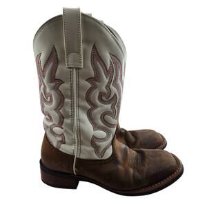 Laredo Cowboy Boots Womens 8 Mesquite Brown White Leather Square Toe Cowgirl